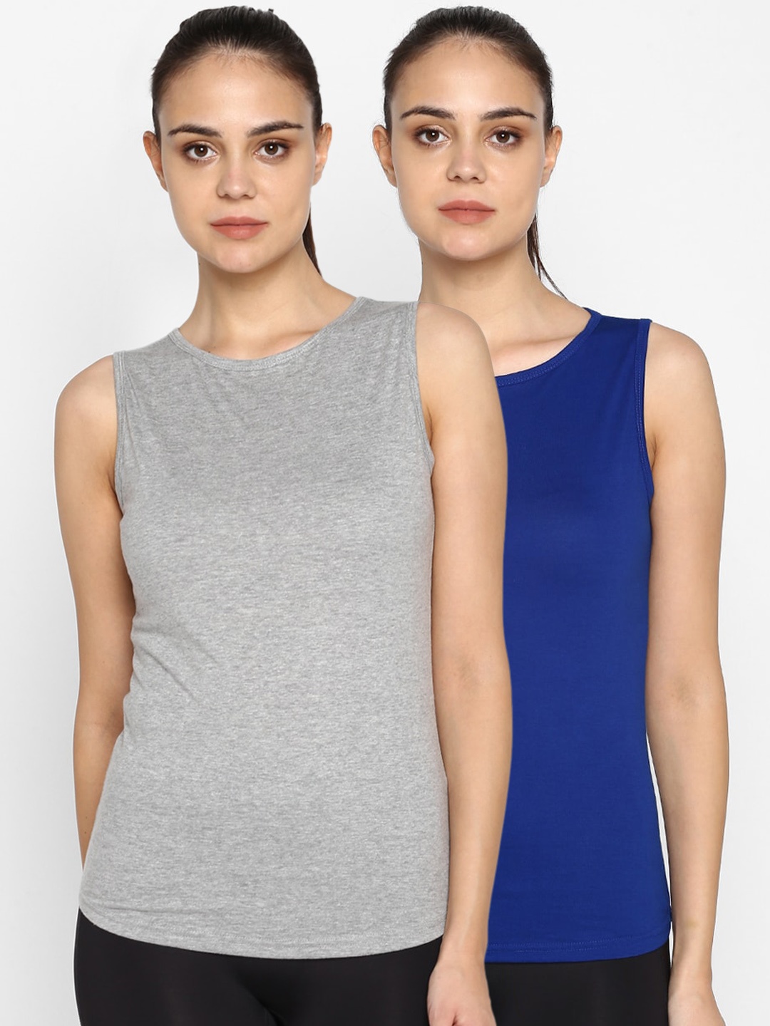 

appulse Women Blue & Grey Set of 2 Solid Round Neck T-shirt