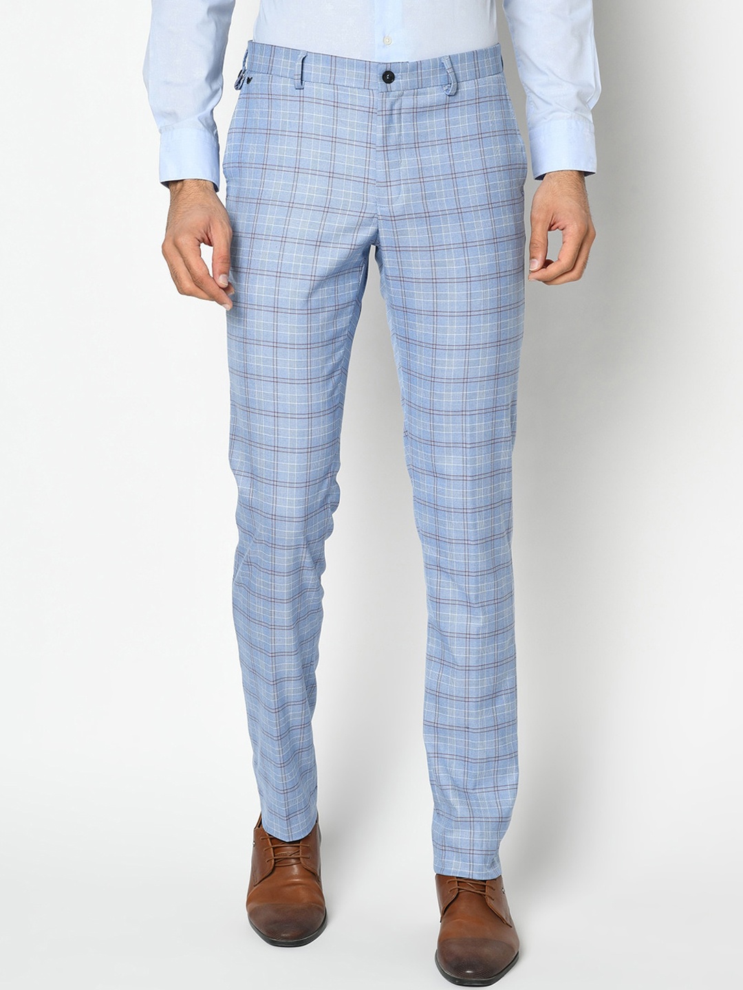

Blackberrys Men Blue & Grey B-91 Skinny Fit Checked Formal Trousers