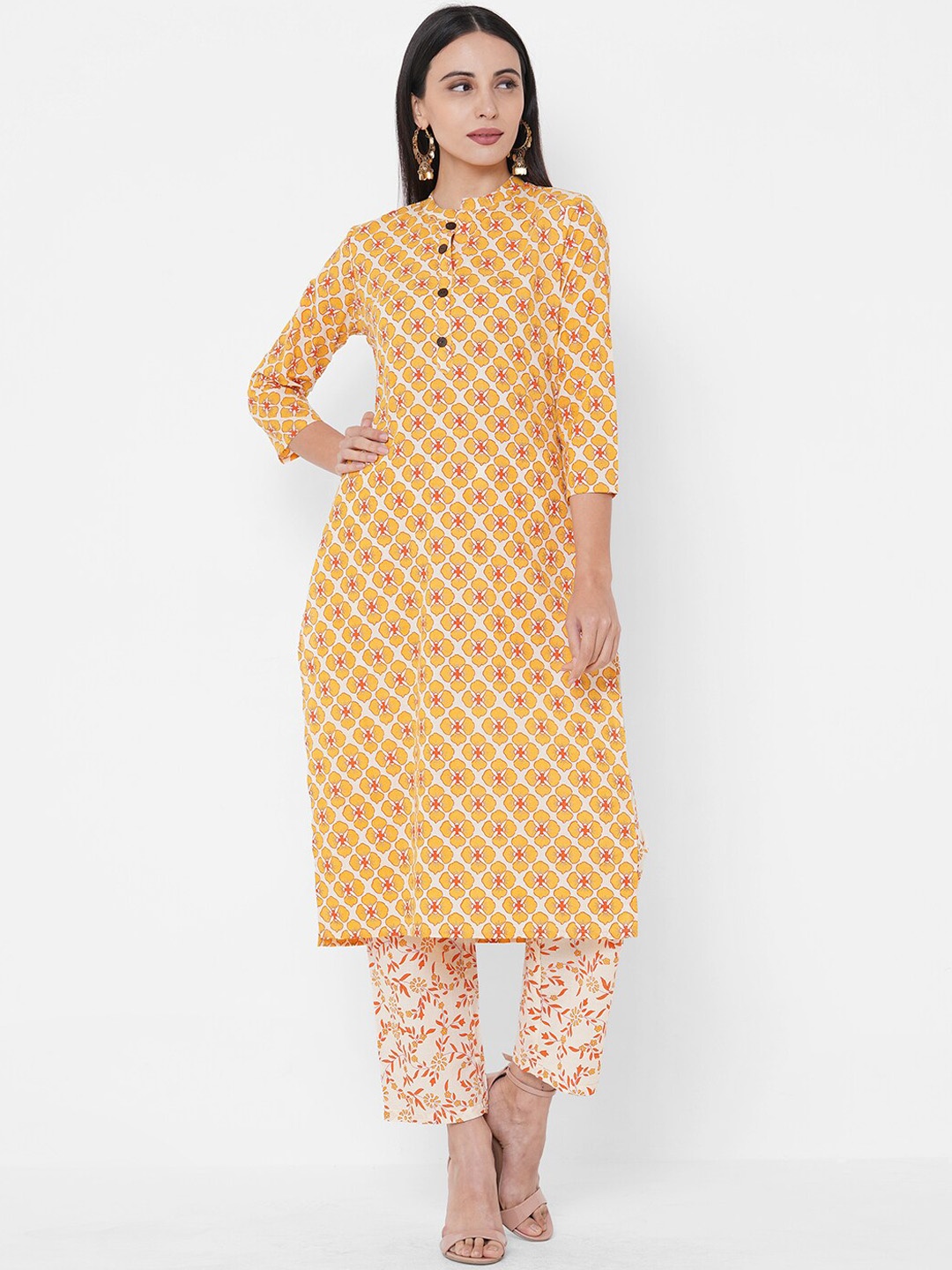 

FASHOR Women Mustard & Off-White Printed Kurta with Trousers