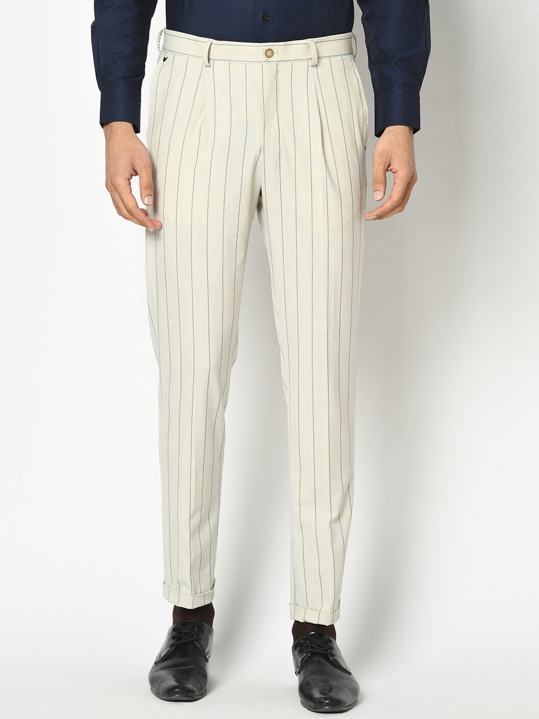 

Blackberrys Men Beige Striped Formal Arise Regular Fit Trousers