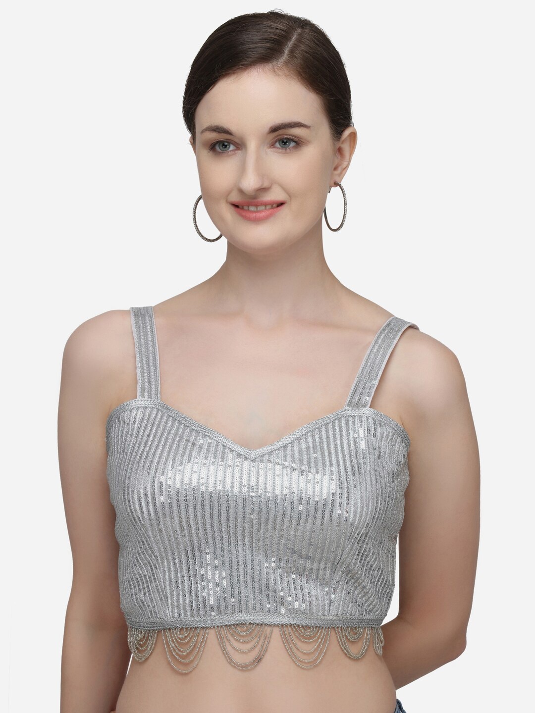 

Fab Dadu Women Silver-Coloured Embellished Silk Saree Blouse