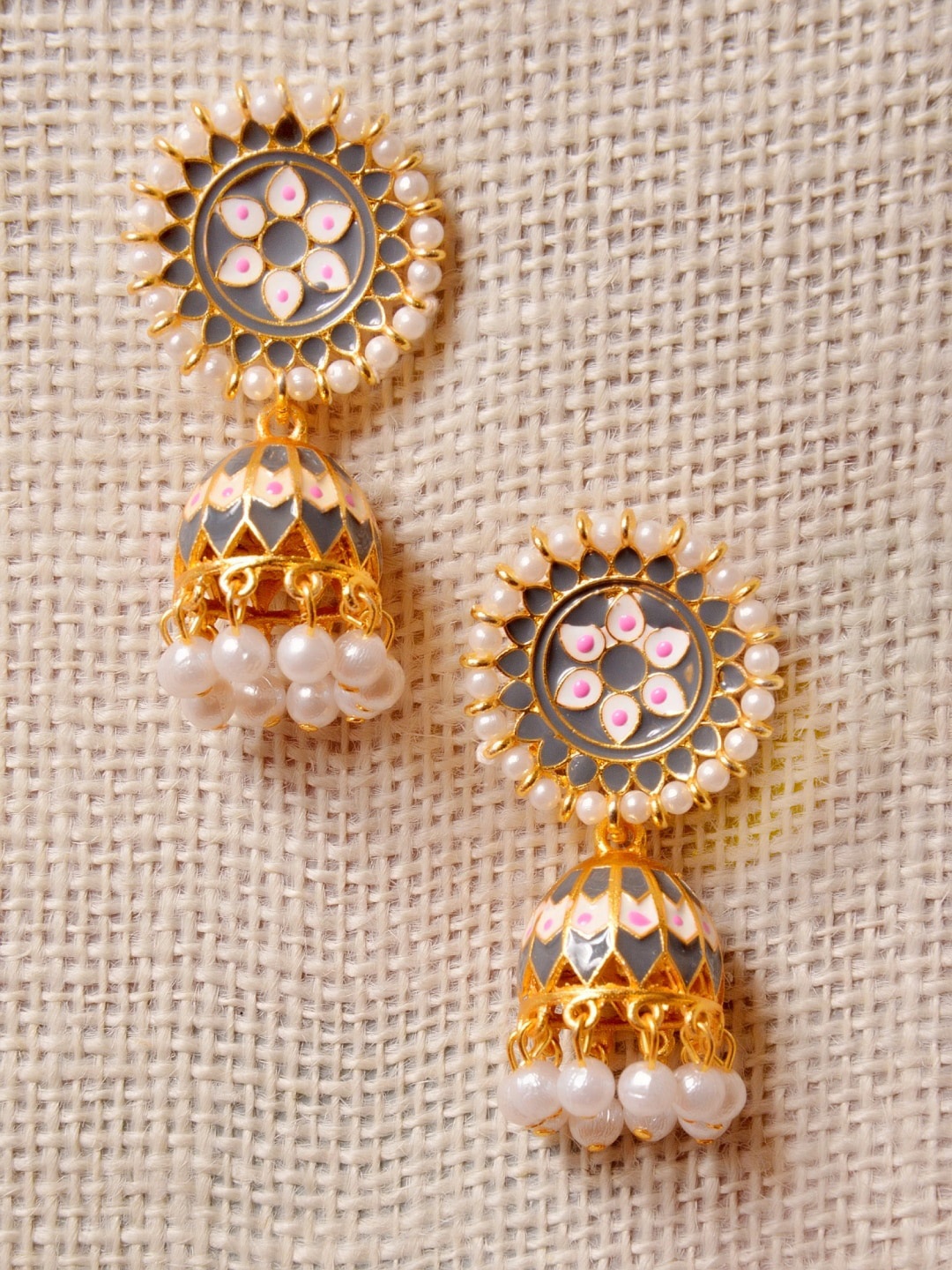 

Crunchy Fashion Grey & Gold-Plated Pearl Dome Shaped Jhumkas