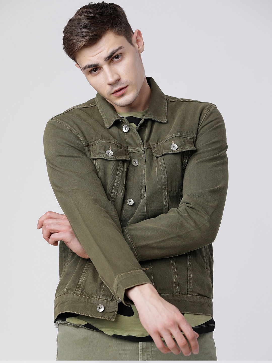 

LOCOMOTIVE Men Olive Green Solid Denim Jacket