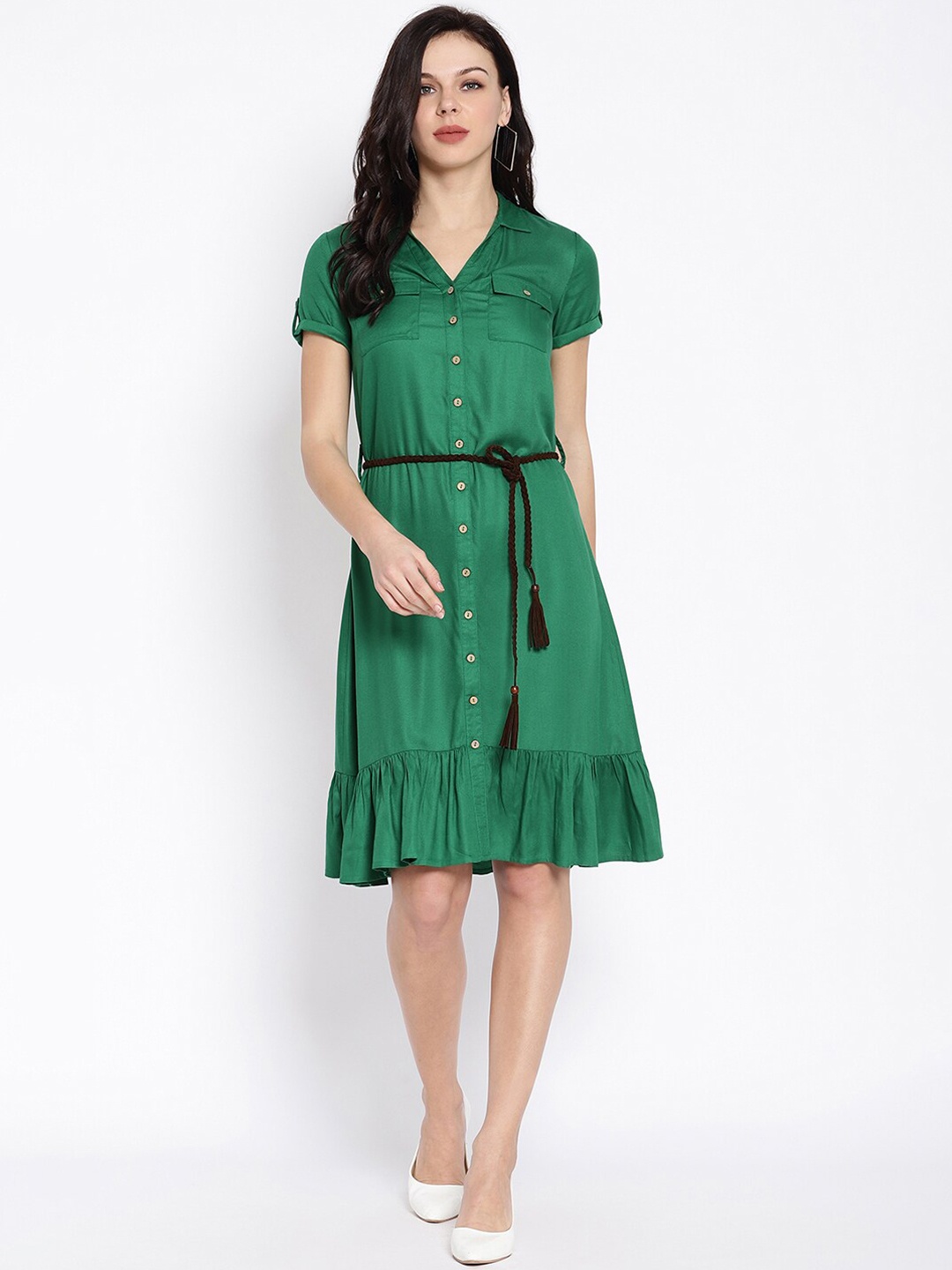 

HOUSE OF KKARMA Women Green Solid Shirt Dress