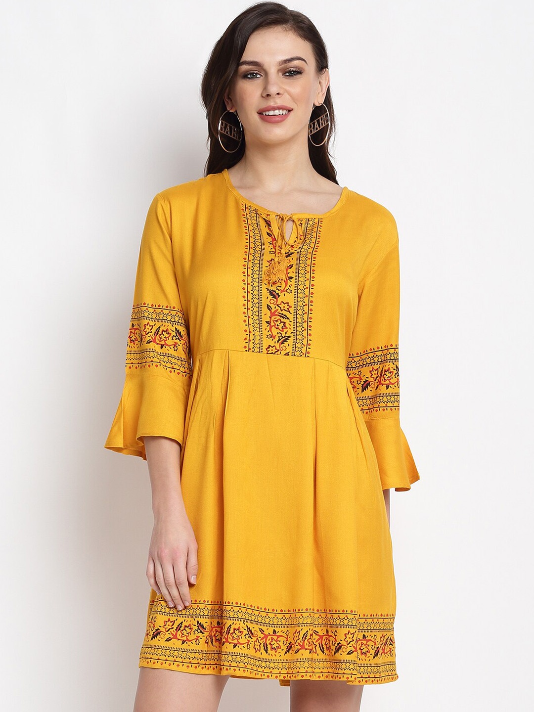 

Miaz Lifestyle Women Mustard Yellow Printed Fit and Flare Dress