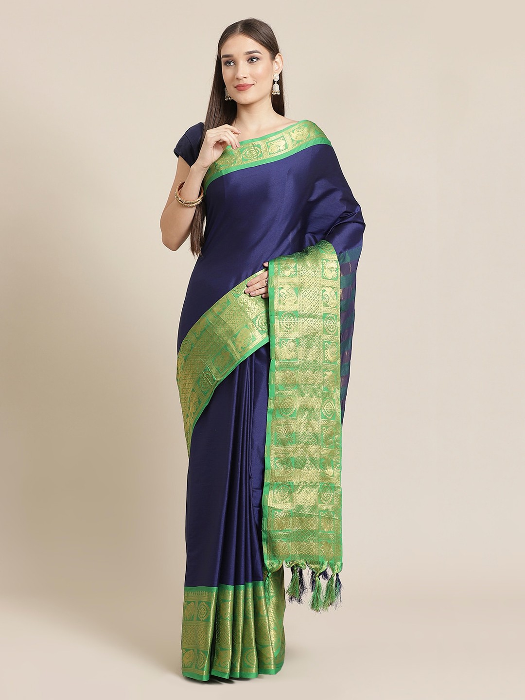 

Mitera Navy Blue & Green Pure Silk Solid Kanjeevaram Saree