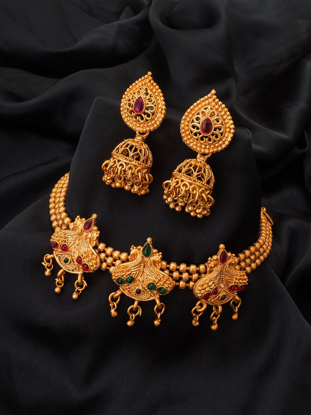 

aadita Gold-Plated Green & Pink Stone-Studded Jewellery Set