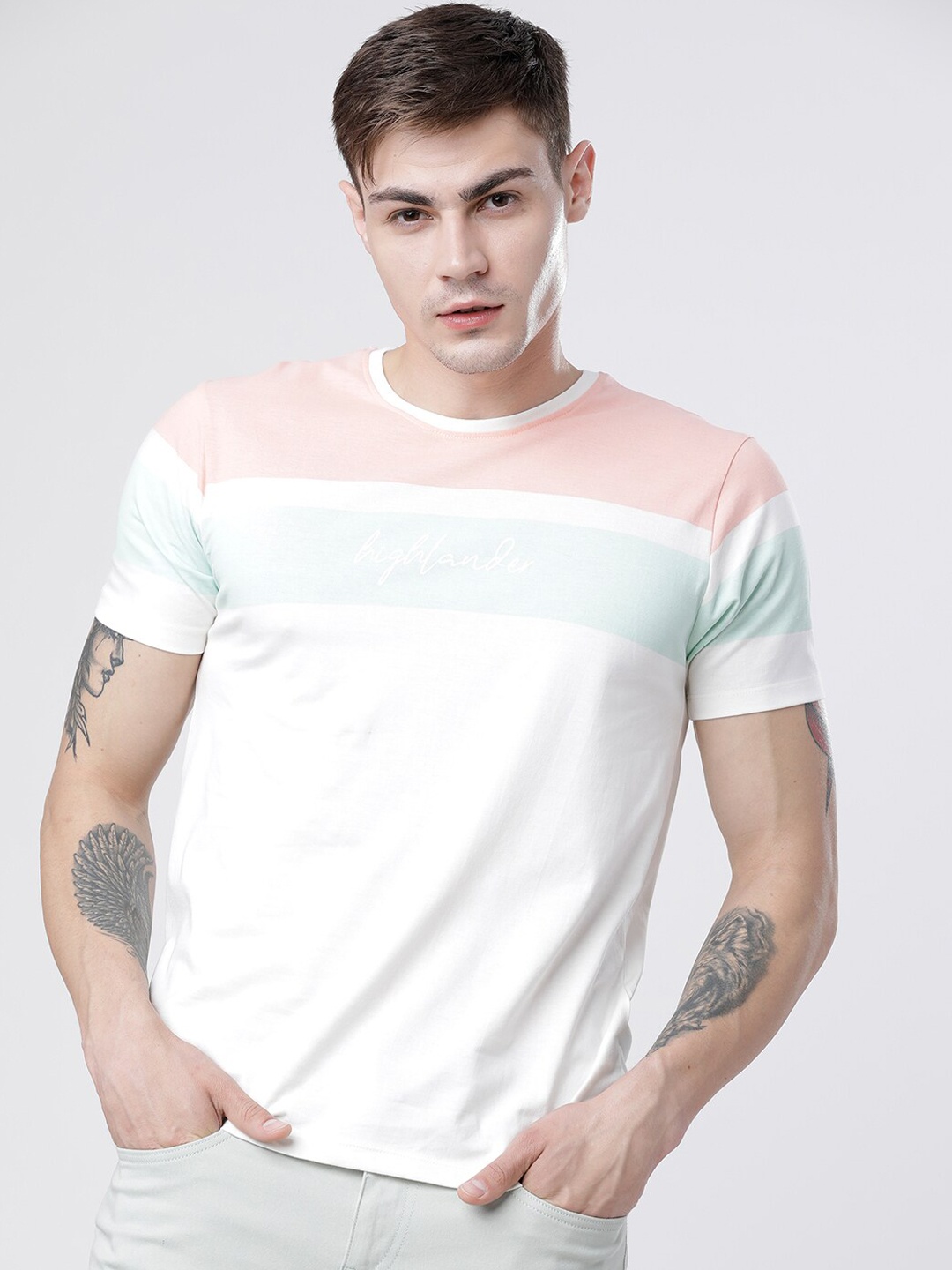 

HIGHLANDER Men White Colourblocked Round Neck T-shirt