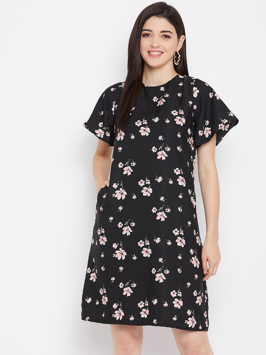 

PURYS Women Black Floral Printed Back Tie A-Line Dress