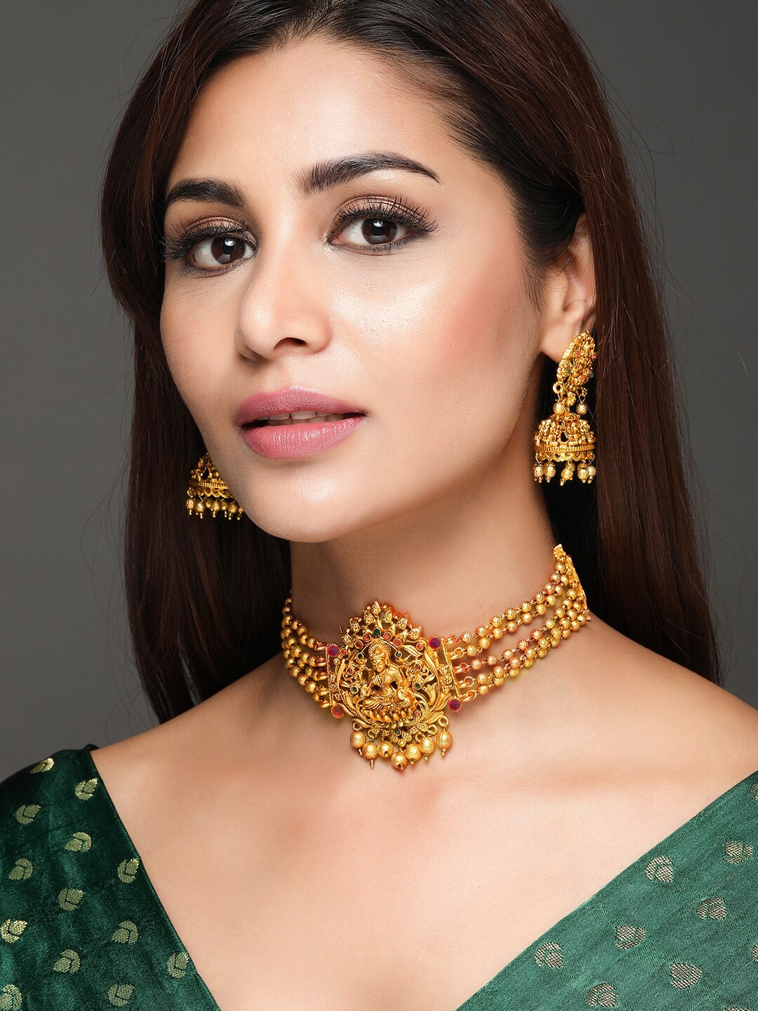 

Rubans 24K Gold-Plated Pink Ruby Stone Studded Divine Lakshmi Traditional Choker Jewellery Set