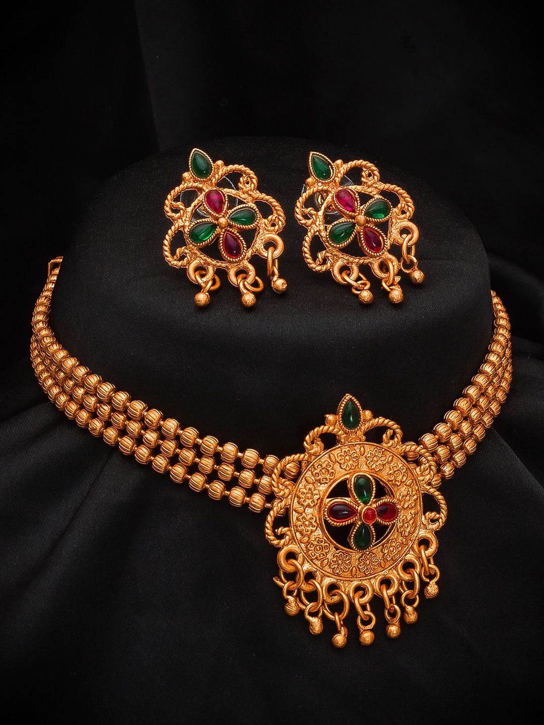 

aadita Gold-Plated Green & Pink Stone-Studded Jewellery Set