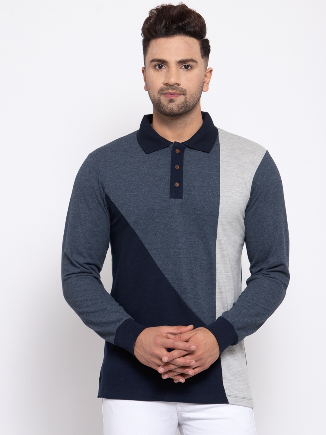 

Kalt Men Navy Blue Colourblocked Polo Collar T-shirt