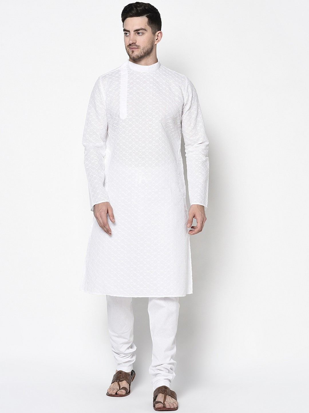 

LAMAAYA Men White Self Design Kurta with Pyjamas