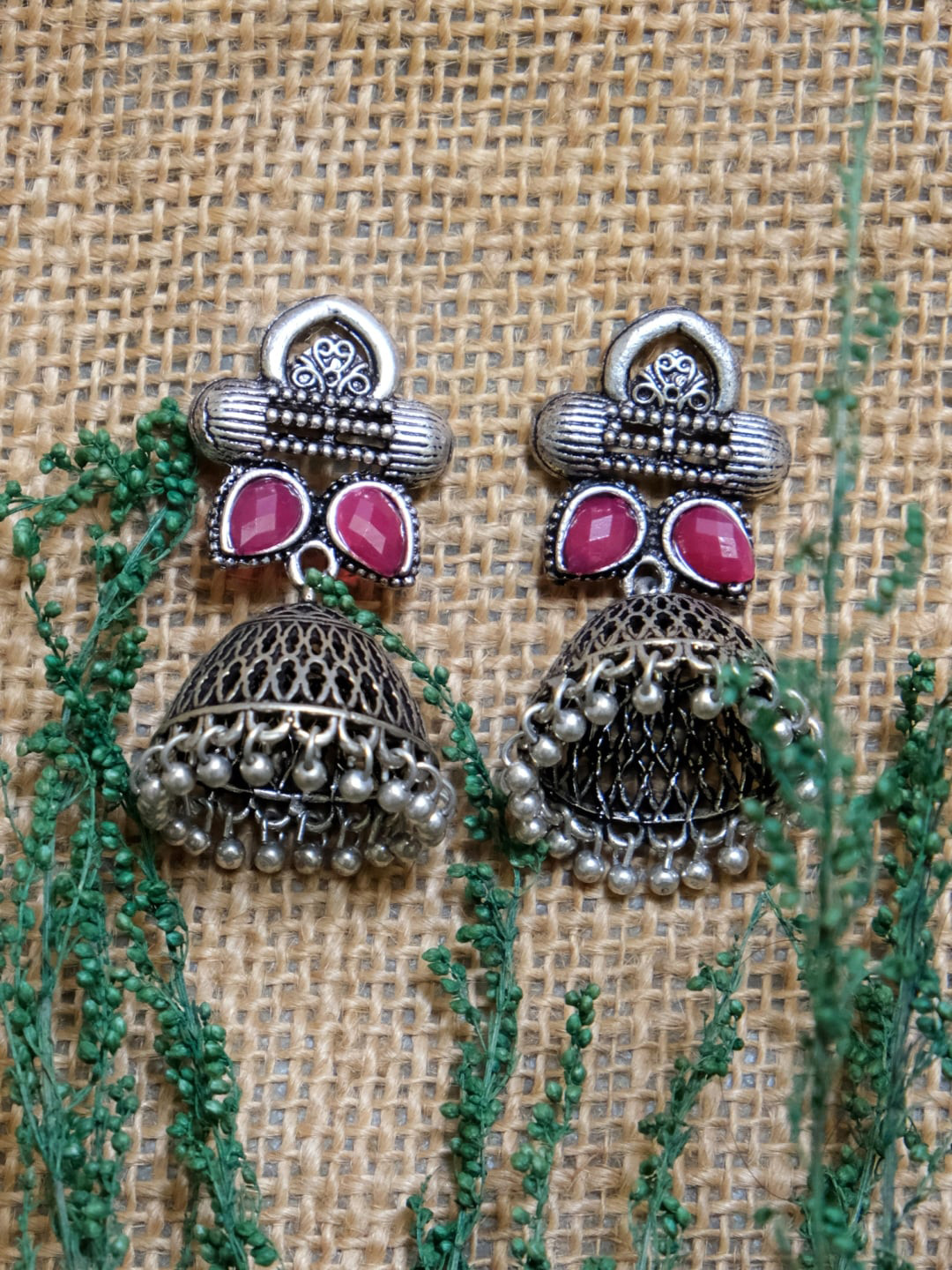 

Crunchy Fashion Silver-Plated & Pink Dome Shaped Jhumkas