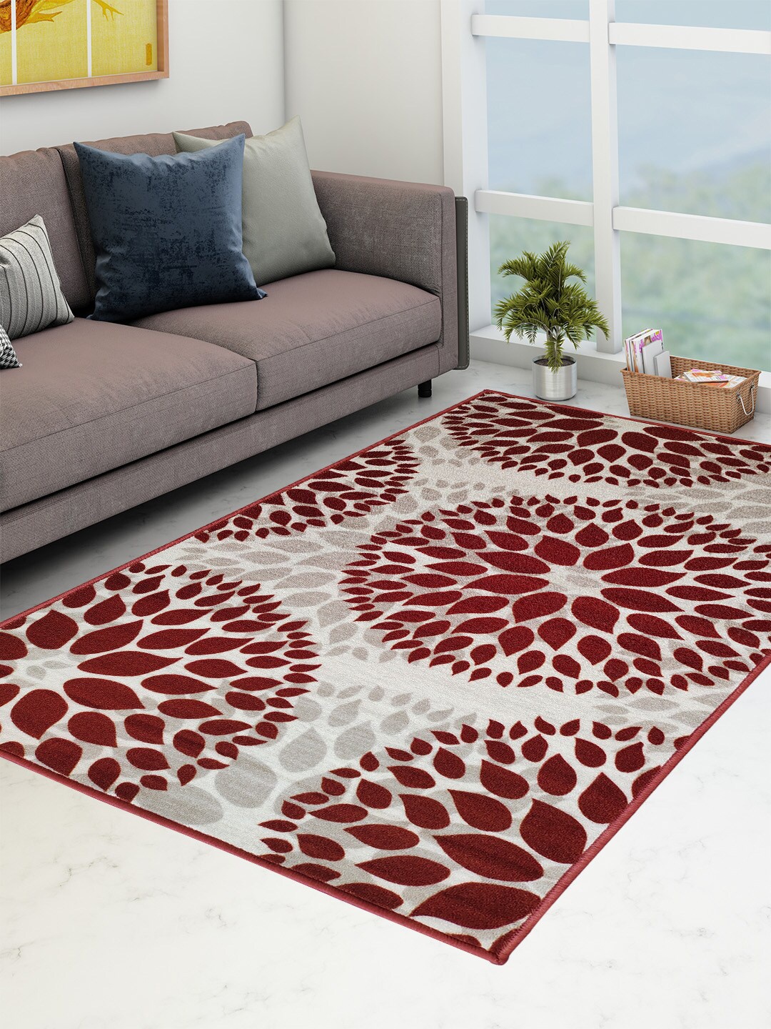 Athom Trendz Maroon & White Geometric Anti-Skid Carpet