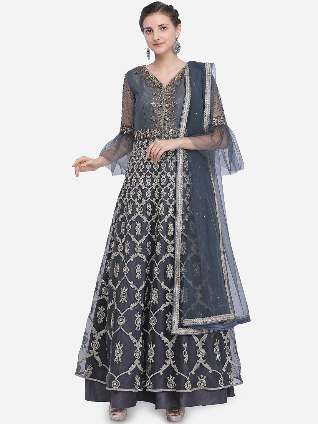 

Stylee LIFESTYLE Grey Net Embroidered Semi-Stitched Dress Material