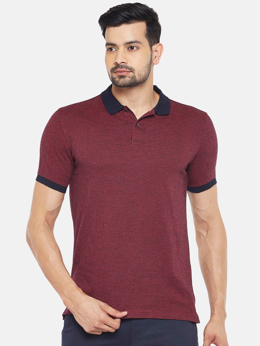 

BYFORD by Pantaloons Men Red Self Design Polo Collar T-shirt
