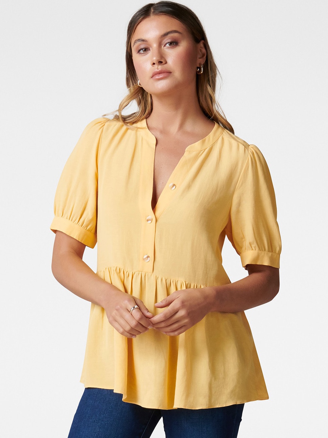 

Forever New Yellow Mandarin Collar Puff Sleeves Peplum Top