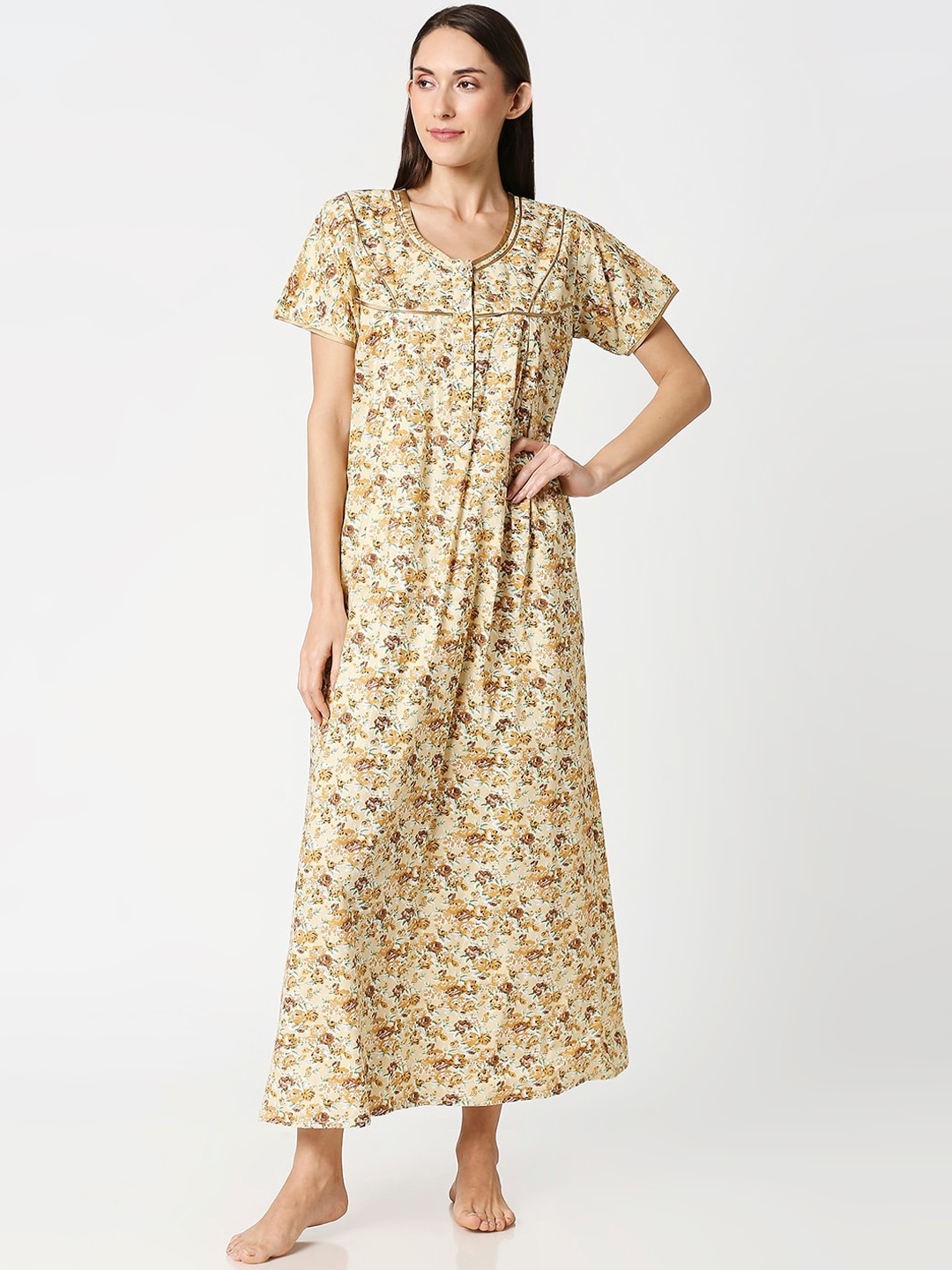 

AV2 Yellow & Brown Printed Maternity Nightdress