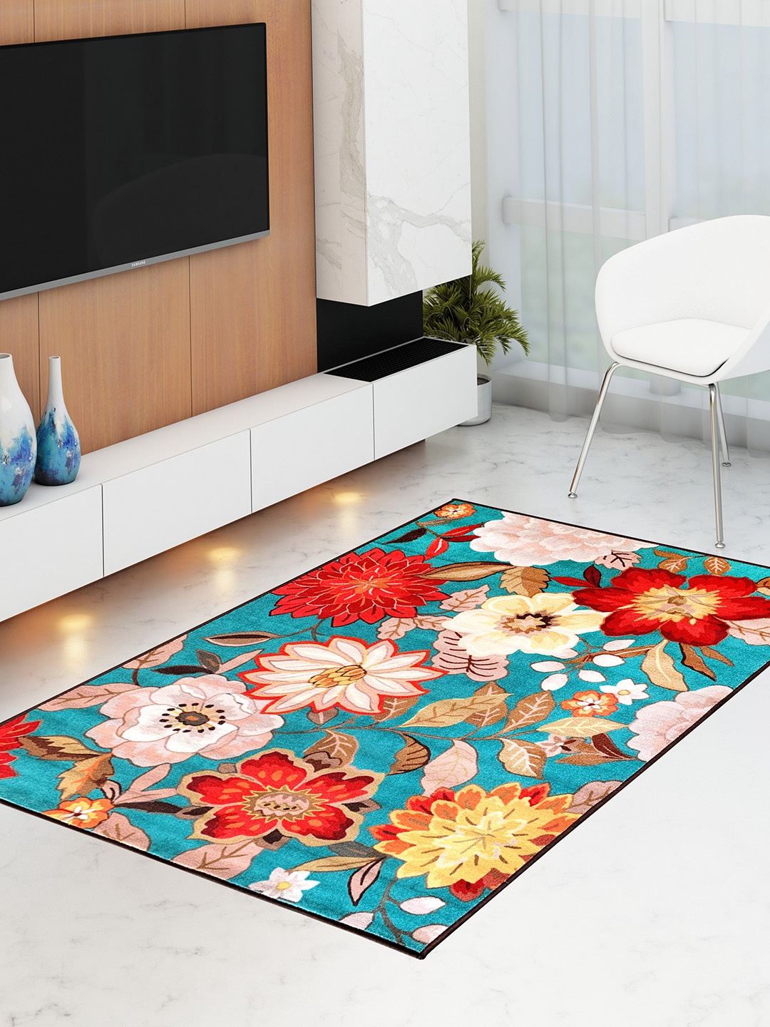 Athom Trendz Multicoloured Floral Printed Anti-Skid Carpet, Multi