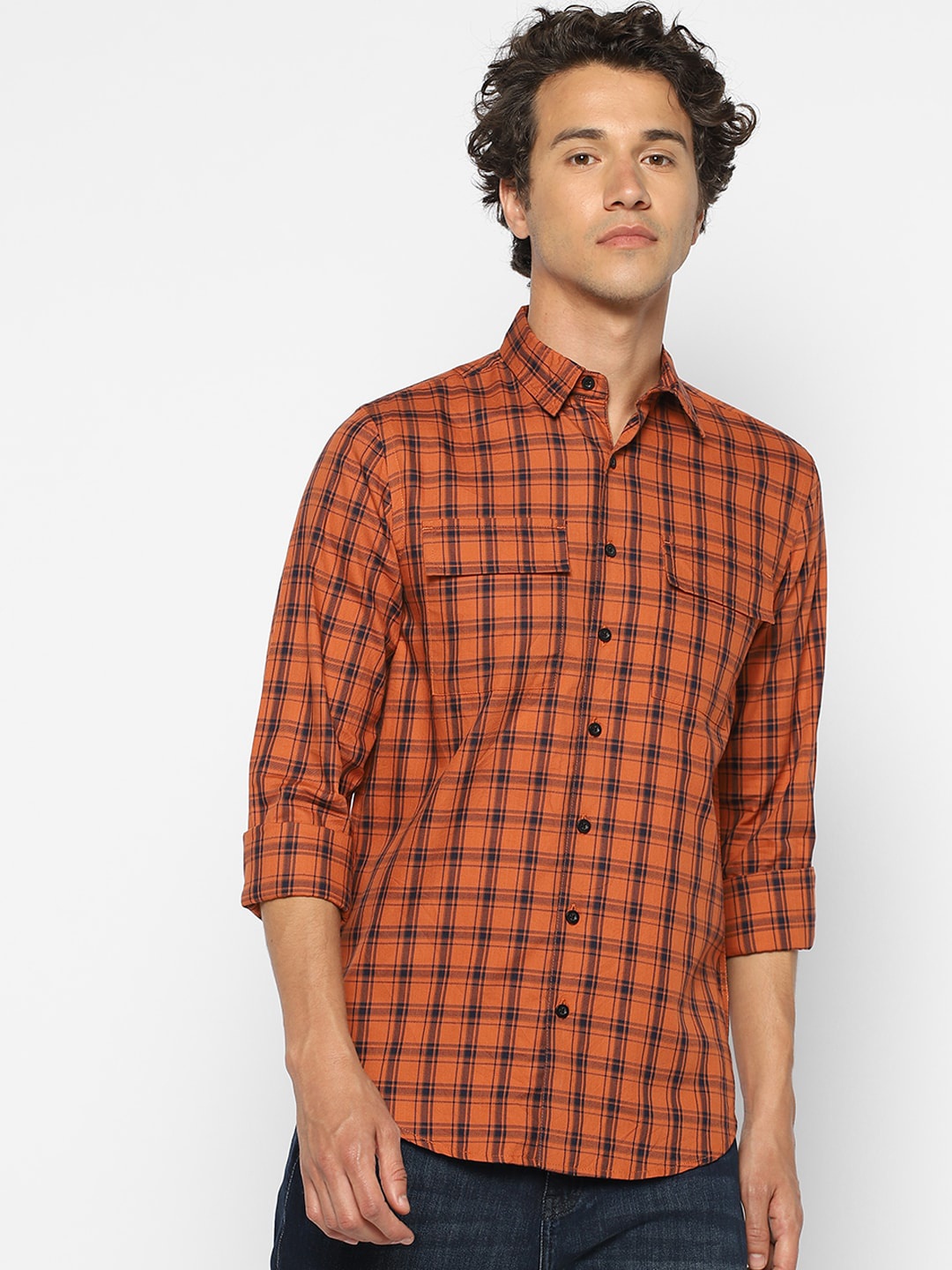 

FOREVER 21 Men Orange & Navy Blue Regular Fit Checked Casual Shirt