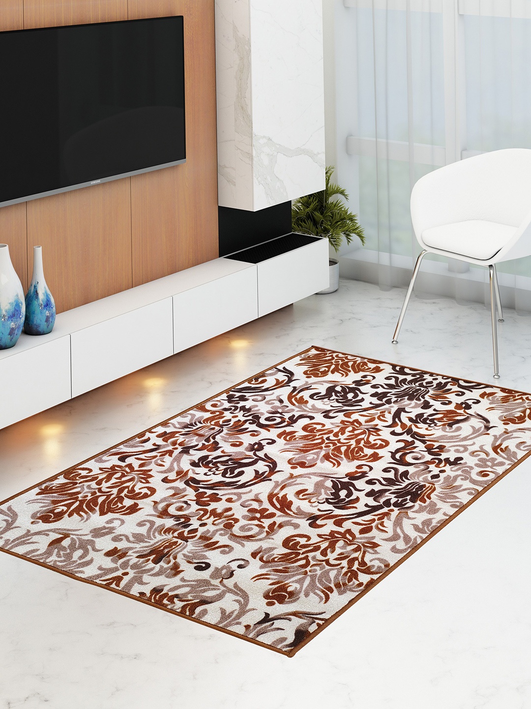 

Athom Trendz White & Brown Printed Anti Skid Carpet