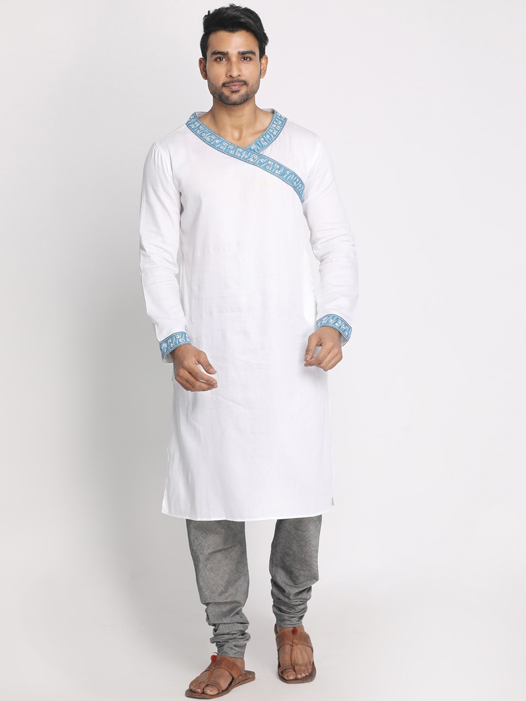 

Nakshi Men White Cotton Angrakha Kurta