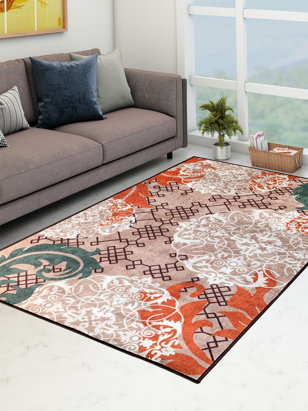 

Athom Trendz Beige & Orange Printed Anti-Skid Carpet