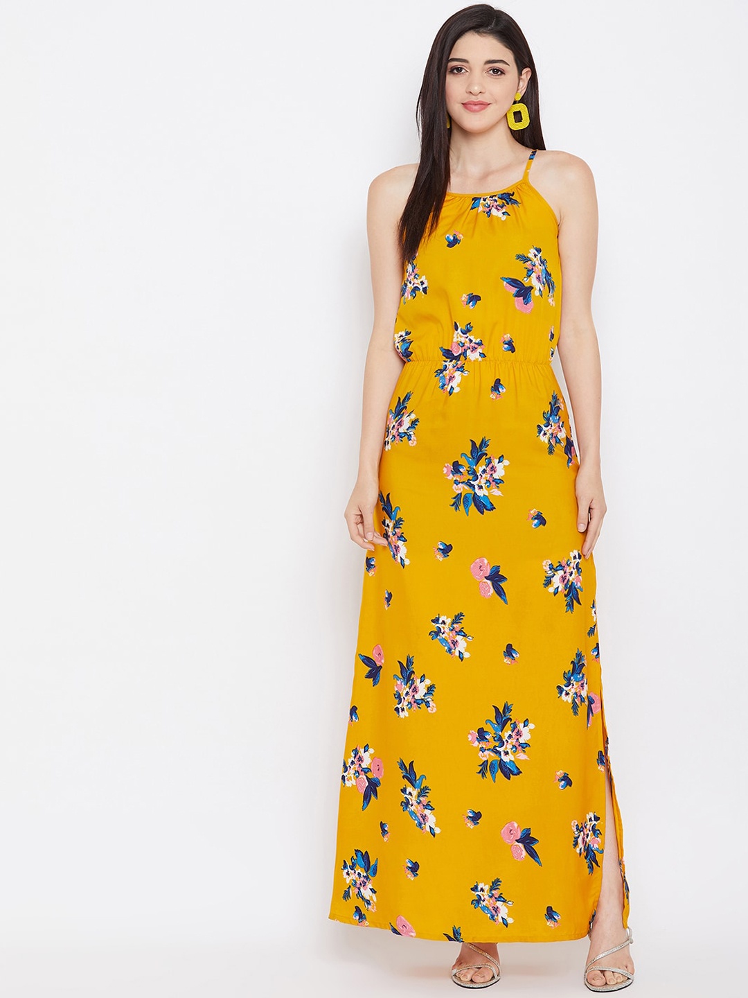 

PURYS Women Mustard Printed Maxi Dress