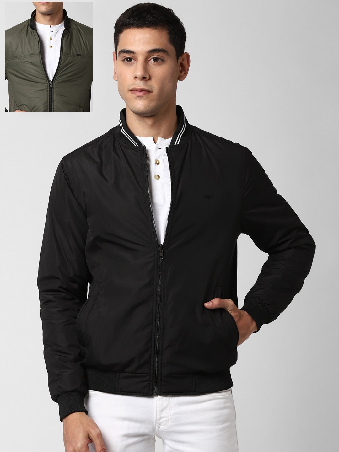 

Peter England Casuals Men Olive Green Solid Reversible Windcheater Bomber Jacket