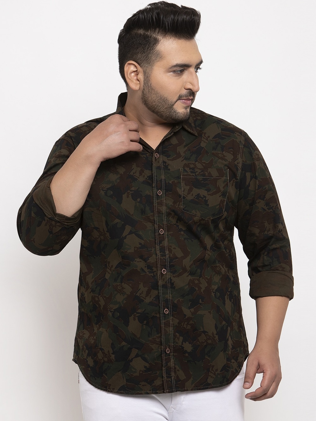

plusS Men Brown & Green Camouflage Print Casual Shirt