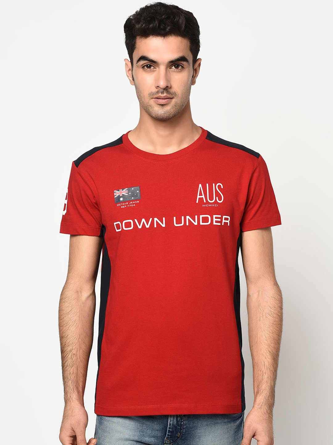Octave Men Red Printed Round Neck T-shirt