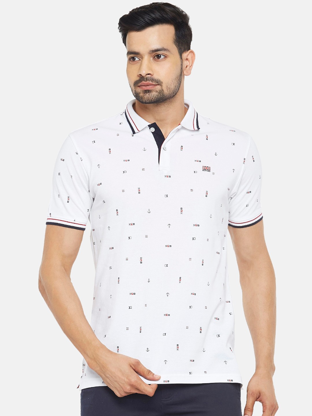 

BYFORD by Pantaloons Men White Printed Polo Collar Pure Cotton T-shirt