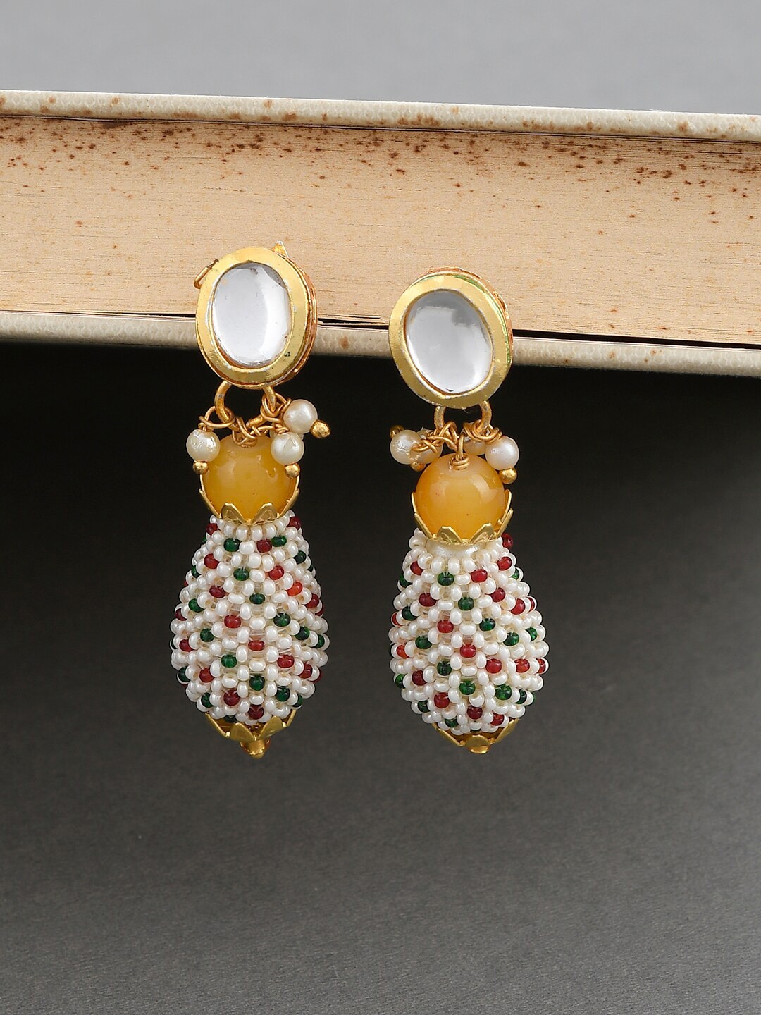 

Silvermerc Designs Gold-Plated & White Kundan Geometric Drop Earrings