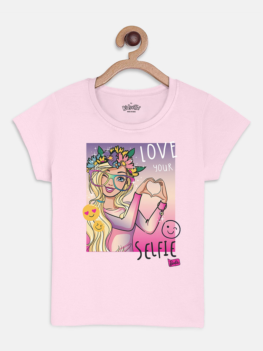 

Kids Ville Girls Pink Barbie Printed Round Neck T-shirt