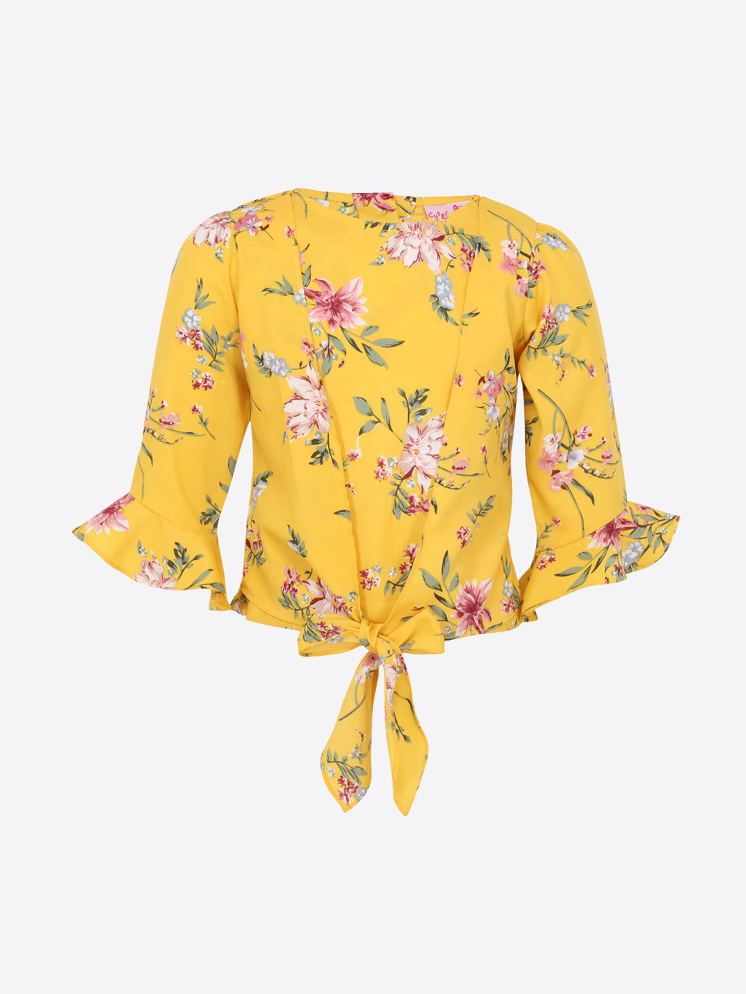 

CUTECUMBER Yellow Floral Printed Bell Sleeves Georgette Regular Top
