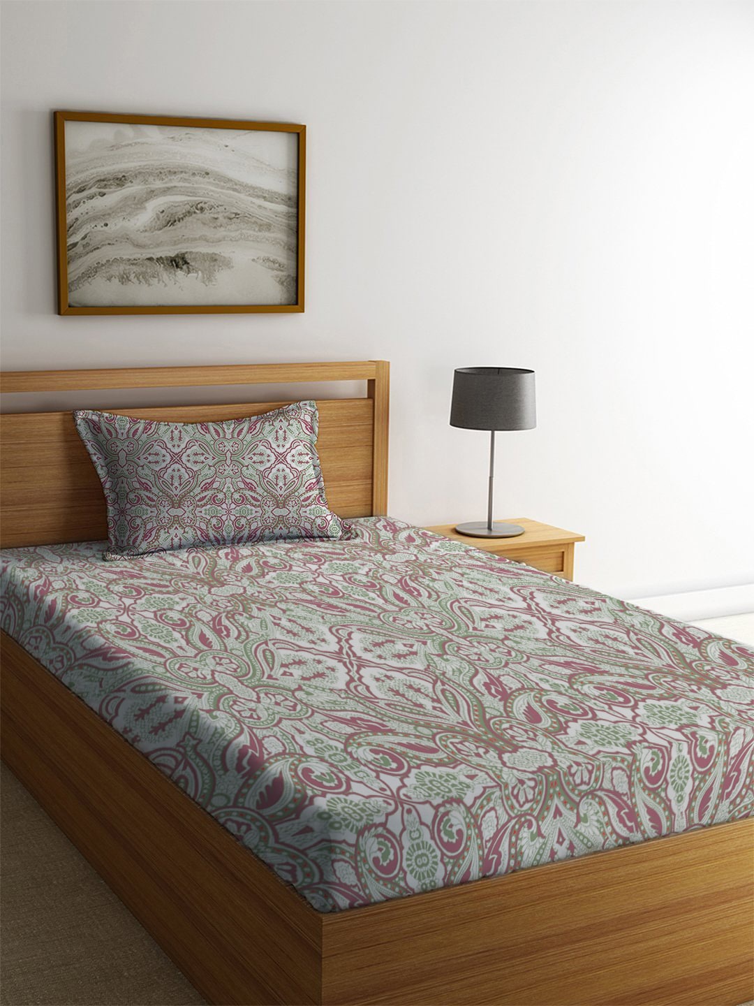 

MAYFAIR HOMES LONDON White & Olive Green Ethnic Motifs 144 TC Cotton 1 Single Bedsheet with 1 Pillow Covers