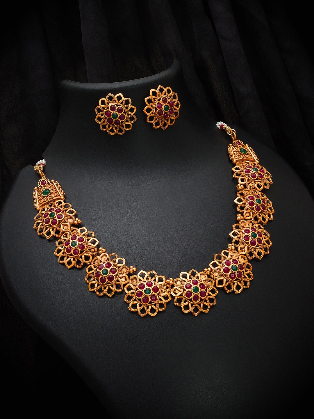 

aadita Gold-Plated Green & Pink Stone-Studded Jewellery Set