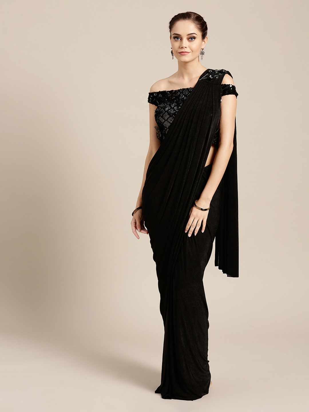 

Chhabra 555 Black Draped Pre-stitched Saree with Off-shoulder Sequinned Crop Top Blouse