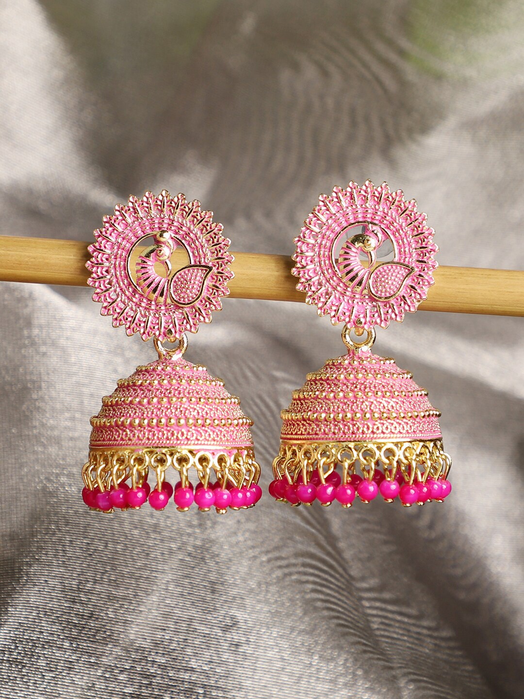 

ANIKAS CREATION Pink & Gold-Toned Dome Shaped Traditional Enamelled Jhumkas