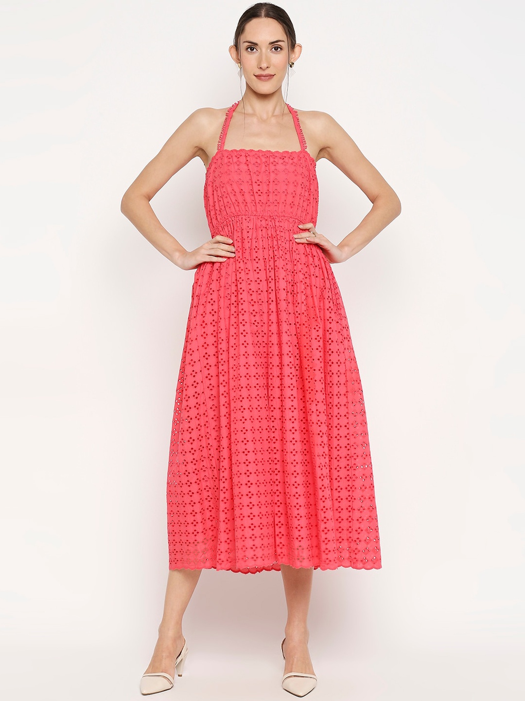 

Monk & Mei Women Pink Schiffli Sustainable Fit and Flare Dress