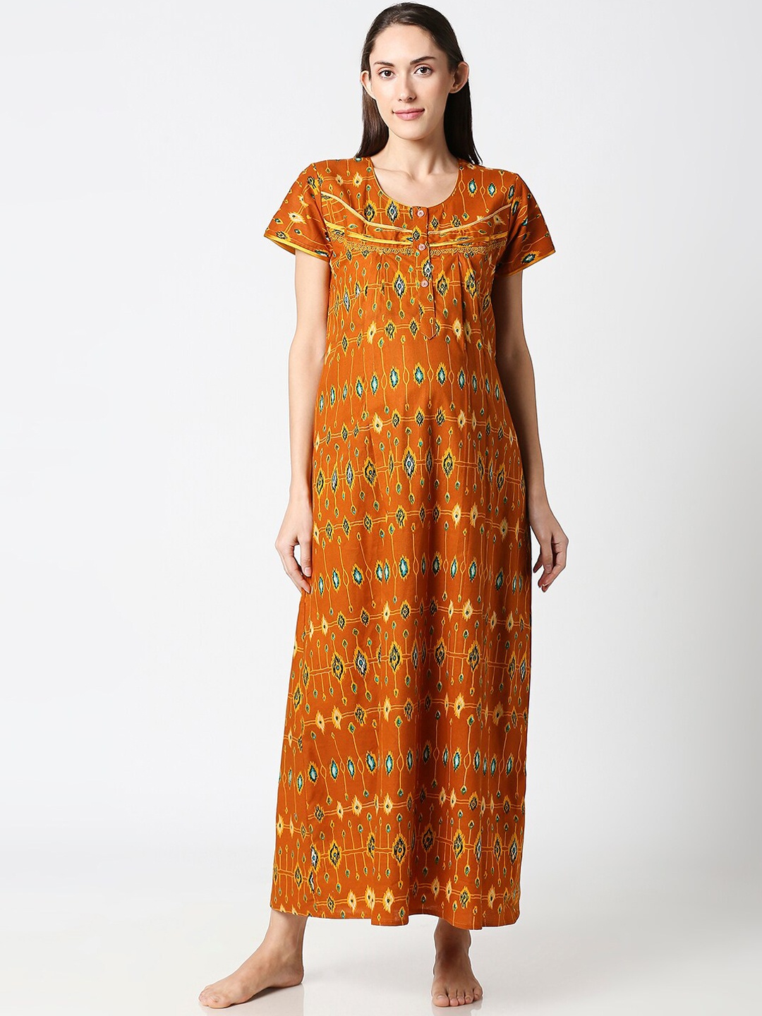 

AV2 Mustard Printed Maternity Nursing Nighty
