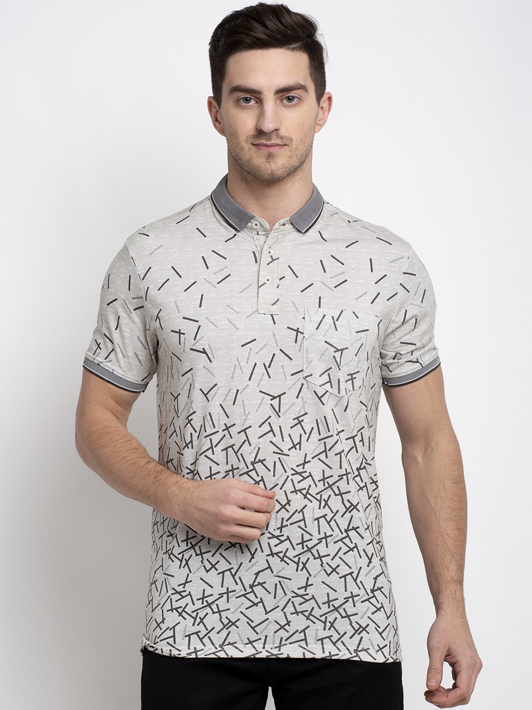 

Rodamo Men Grey Printed Polo Collar T-shirt