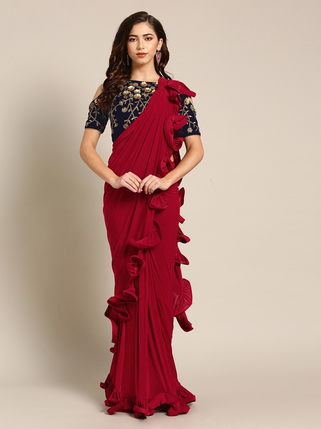 

Chhabra 555 Red Viscose Rayon Ruffled Ready To Wear Saree
