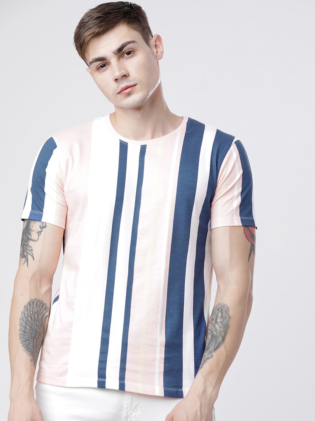 

HIGHLANDER Men Pink Striped Round Neck T-shirt