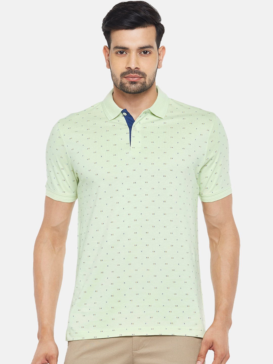 

BYFORD by Pantaloons Men Green Printed Polo Collar Pure Cotton T-shirt