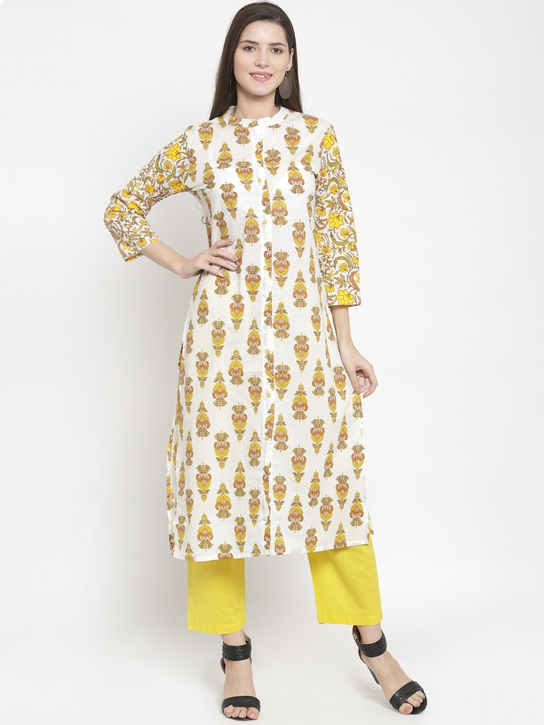 

The Kurta Express Women White & Yellow Ethnic Motifs Printed Kurta