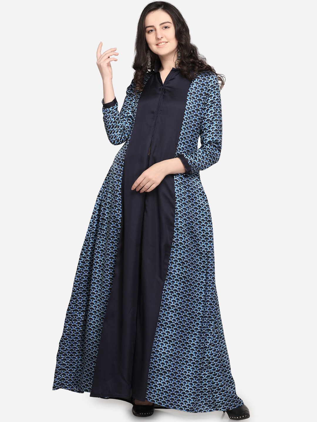 

Stylee LIFESTYLE Navy Blue & White Satin Semi-Stitched Dress Material