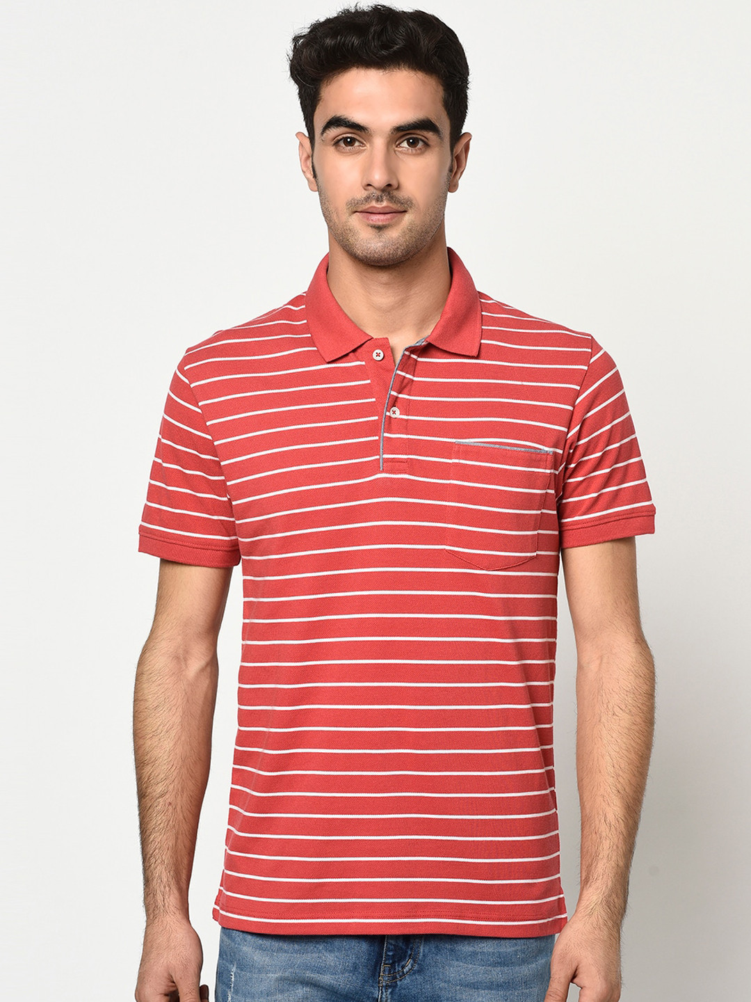 

Octave Men Red Striped Polo Collar T-shirt