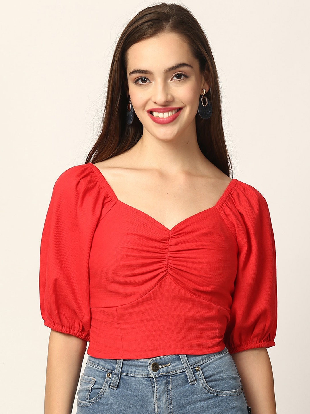 

ELLE Red Sweetheart Neck Regular Crop Top
